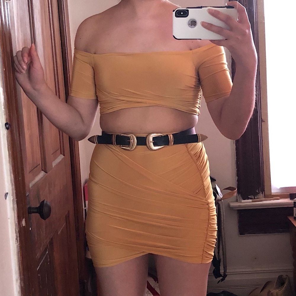 Fashion Nova Mustard Crop Top and Skirt Set
